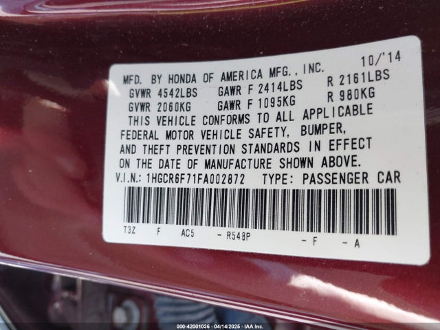Honda lfa1 2015 1HGCR6F71FA002872 Image 9