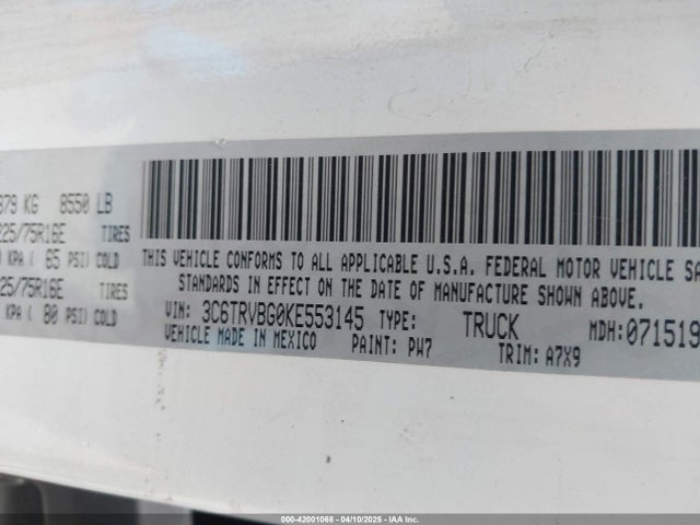 3C6TRVBG0KE553145 RAM Promaster 1500 High Roof 136 Wb