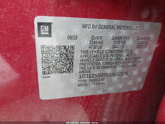 1G11Z5S37LU102576 Chevrolet Impala Fwd Lt