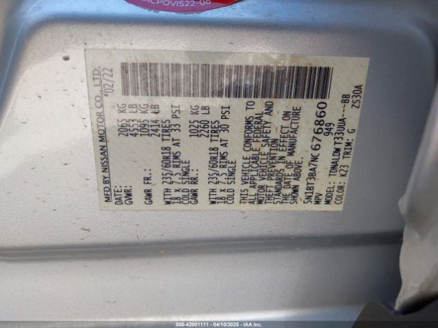 5N1BT3BA7NC676860 Nissan Rogue Sv Fwd