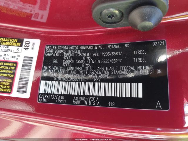 5TDYRKEC3MS024450 Toyota SIENNA XLE