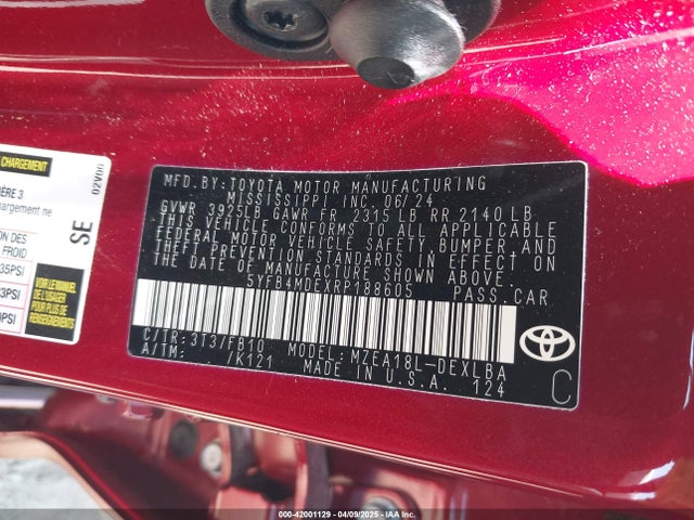 42001129 :رقم المزاد ، 5YFB4MDEXRP188605 vin ، 2024 Toyota Corolla Le مزاد بيع