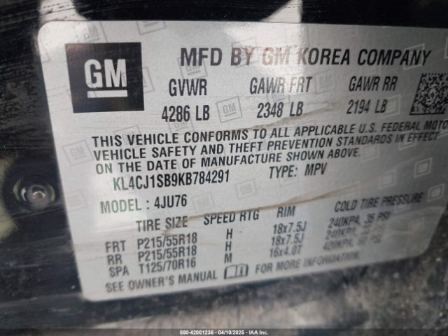 KL4CJ1SB9KB784291 Buick Encore Fwd Sport Touring