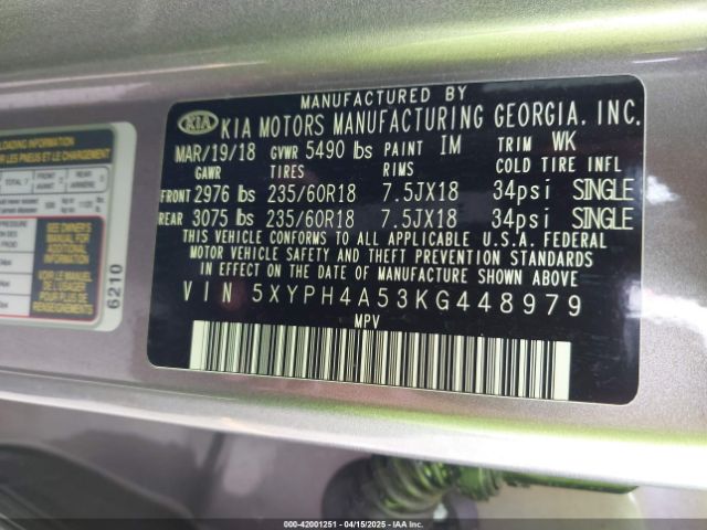 5XYPH4A53KG448979 KIA Sorento 3.3l Ex