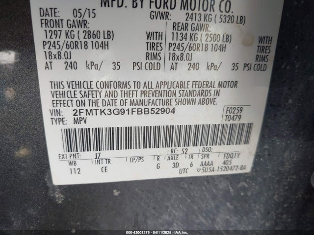 Ford EDGE SE 2015 2FMTK3G91FBB52904 Image 9