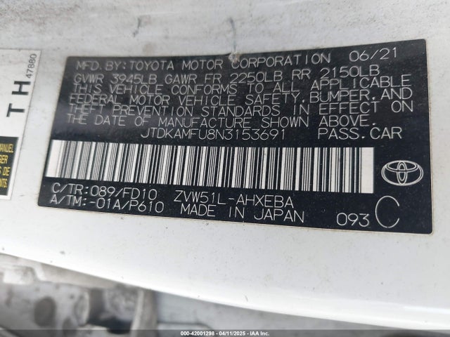 JTDKAMFU8N3153691 Toyota 2zr-fxe,1nm