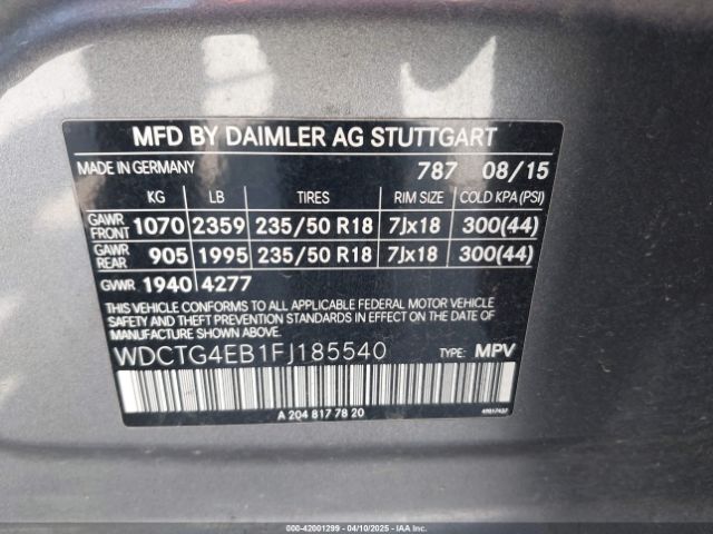 WDCTG4EB1FJ185540 Mercedes-Benz GLA 250