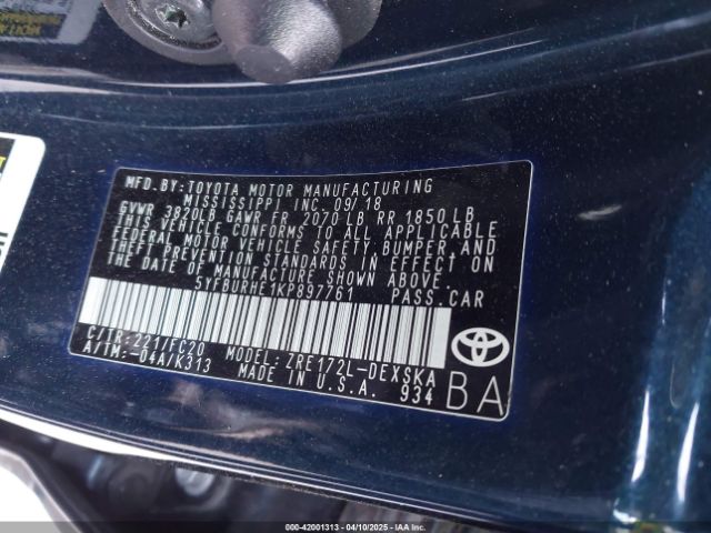 5YFBURHE1KP897761 Toyota COROLLA SE