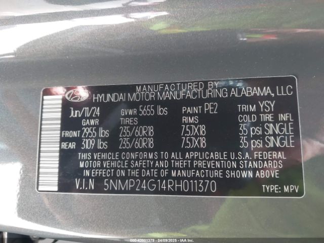 5NMP24G14RH011370 Hyundai Santa Fe Hybrid Sel