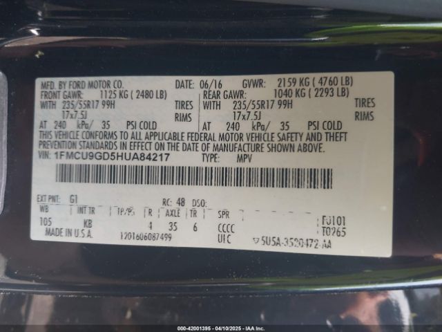 1FMCU9GD5HUA84217 Ford ESCAPE SE