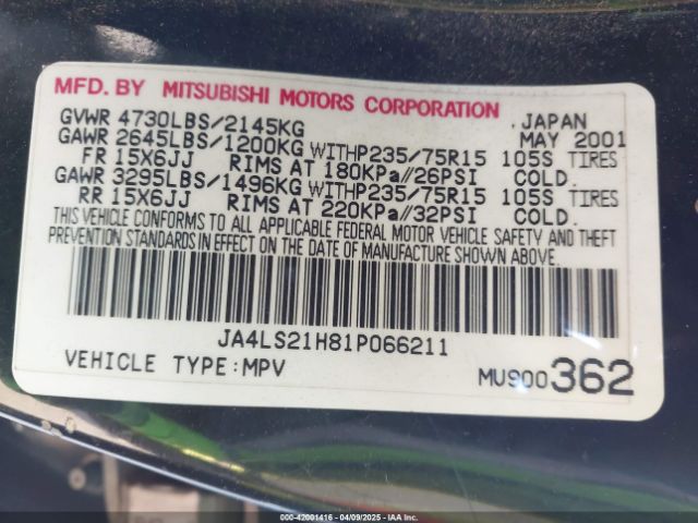 2001 MITSUBISHI MONTERO SPORT JA4LS21H81P066211 Photo 8