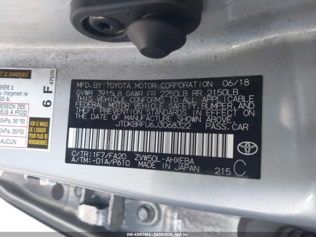 JTDKBRFU6J3068322 Toyota Prius One