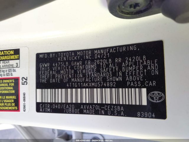 4T1G11AKXMU574892 Toyota CAMRY SE