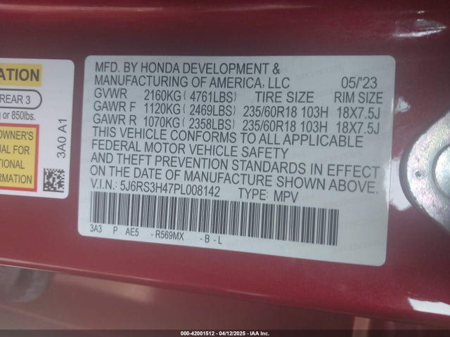 5J6RS3H47PL008142 Honda Cr-v Ex 2wd