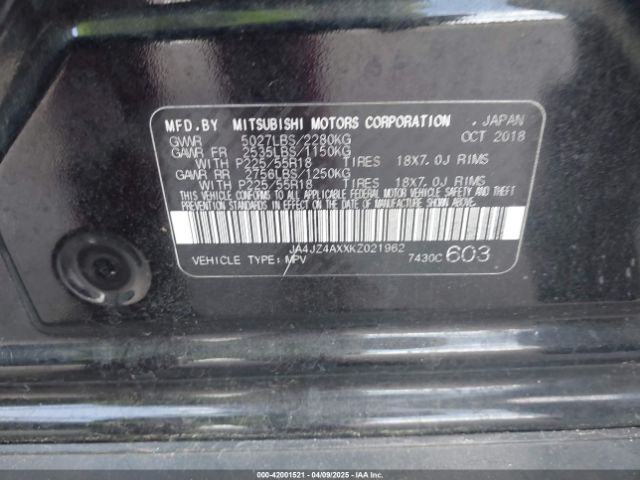 JA4JZ4AXXKZ021962 Mitsubishi OUTLANDER GT