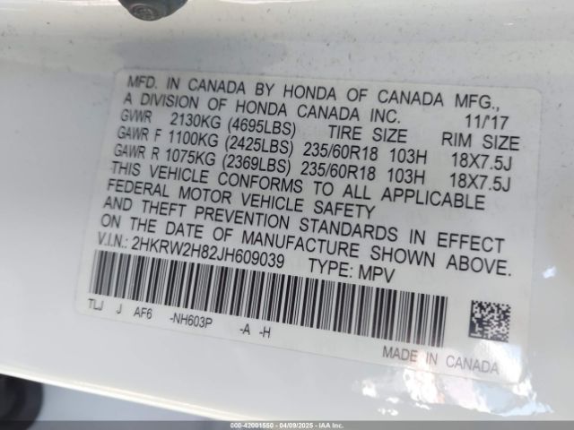 2HKRW2H82JH609039 Honda Cr-v Ex-l/ex-l Navi