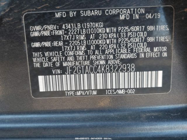 JF2GTACC4K8322938 Subaru Crosstrek 2.0i Premium