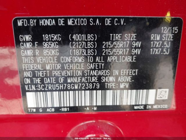 3CZRU5H78GM723879 Honda Hr-v Ex-l
