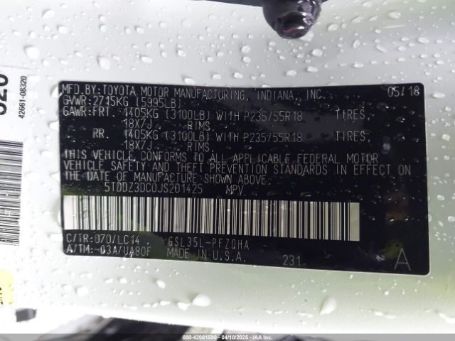 5TDDZ3DC0JS201425 Toyota Sienna Xle 7 Passenger