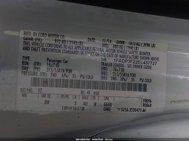 1FADP3F22EL437727 Ford FOCUS SE