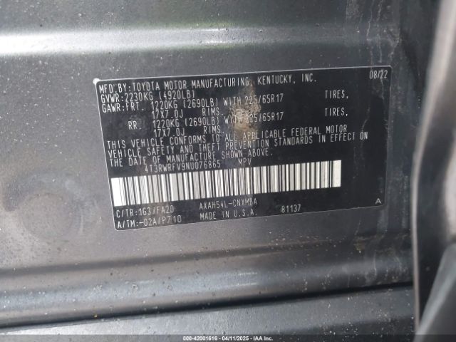 4T3RWRFV9NU076865 Toyota Rav4 Hybrid Xle