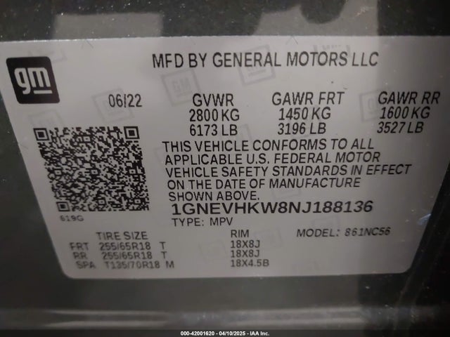 1GNEVHKW8NJ188136 Chevrolet Traverse Awd Lt Leather