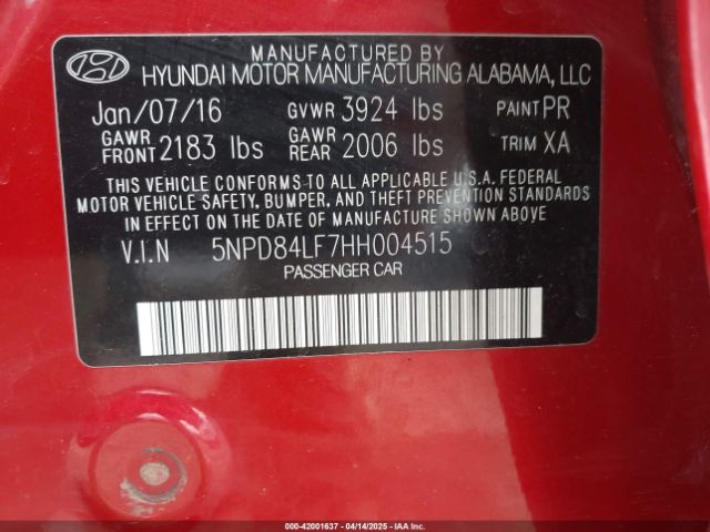 5NPD84LF7HH004515 Hyundai Elantra Limited