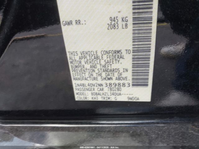 1N4BL4DV2NN389883 Nissan Altima Sv Fwd