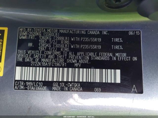 2T2ZK1BA1FC196781 Lexus RX 350