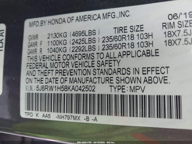 5J6RW1H58KA042502 Honda CR-V EX