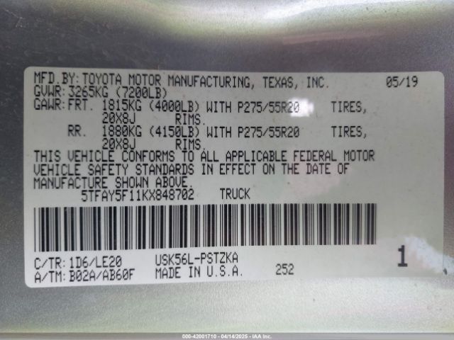 5TFAY5F11KX848702 Toyota Tundra Platinum 5.7l V8