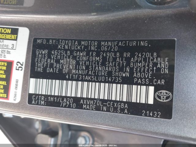 4T1F31AK5LU014735 Toyota Camry Xle Hybrid