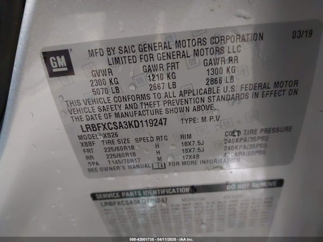 LRBFXCSA3KD119247 Buick Envision Fwd Essence