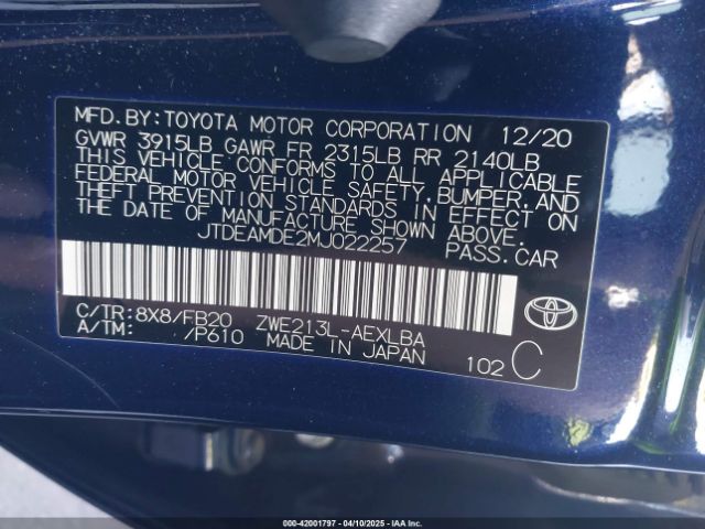 JTDEAMDE2MJ022257 Toyota Corolla Hybrid Le