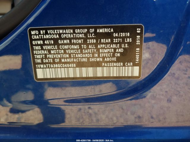 1VWAT7A36GC048458 Volkswagen Passat 1.8t S