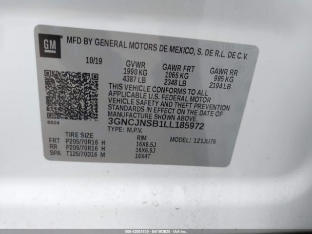 3GNCJNSB1LL185972 Chevrolet Trax Awd Ls