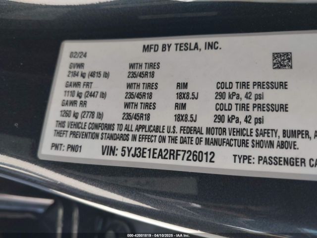5YJ3E1EA2RF726012 Tesla Model 3 Long Range Dual Motor All-wheel Drive/rear-wheel Drive