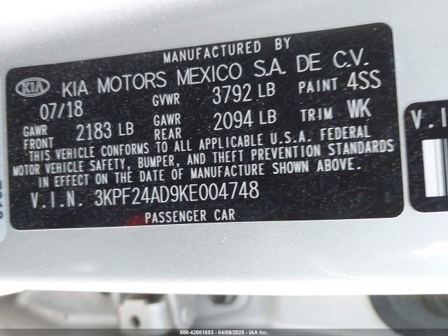 3KPF24AD9KE004748 KIA Forte Lxs