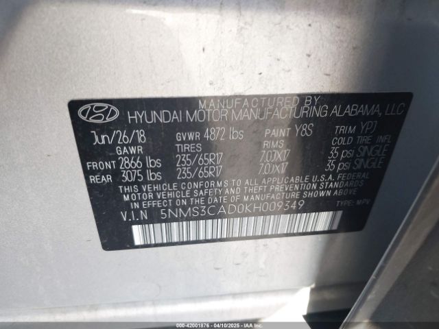 5NMS3CAD0KH009349 Hyundai Santa Fe Sel