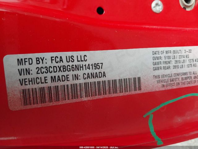 2C3CDXBG6NH141957 Dodge Charger Sxt Rwd
