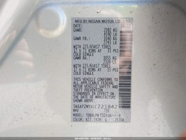 5N1AT2MTXLC721842 Nissan Rogue S Fwd