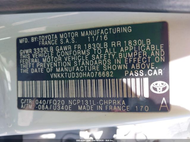 VNKKTUD30HA076682 Toyota YARIS L