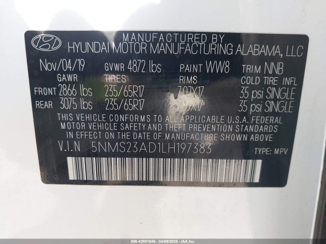 5NMS23AD1LH197383 Hyundai Santa Fe Se