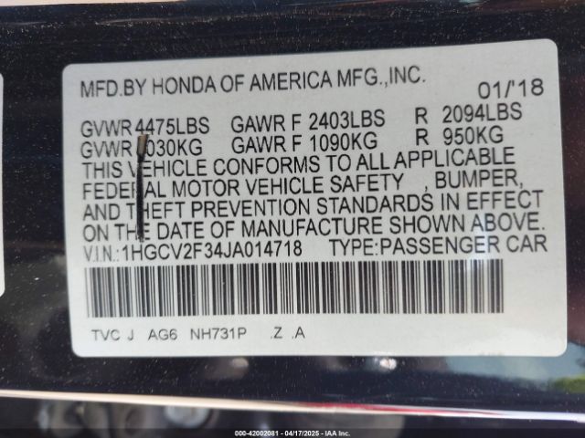 2018 HONDA ACCORD 1HGCV2F34JA014718 Photo 8
