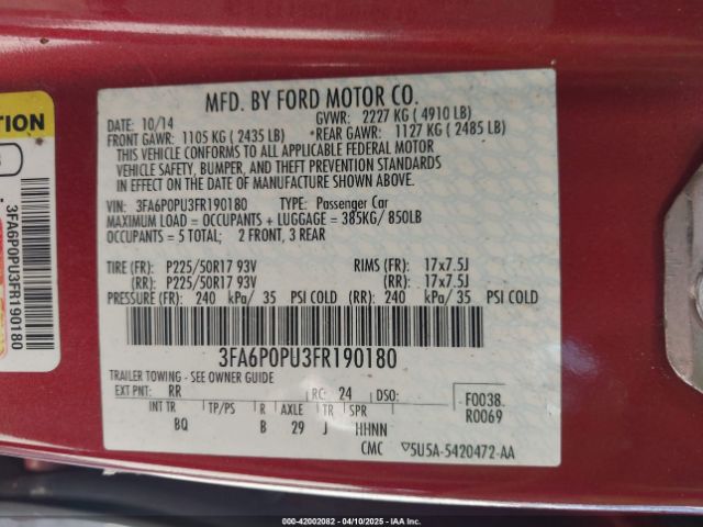 3FA6P0PU3FR190180 Ford Fusion Energi Se Luxury