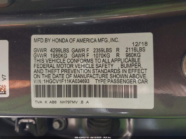 Honda ACCORD LX 2019 1HGCV1F11KA034693 Image 9