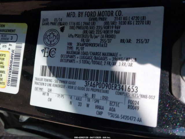 3FA6P0D90ER341653 Ford Fusion Titanium