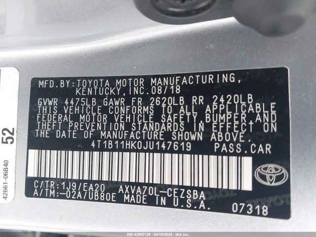 4T1B11HK0JU147619 Toyota CAMRY SE