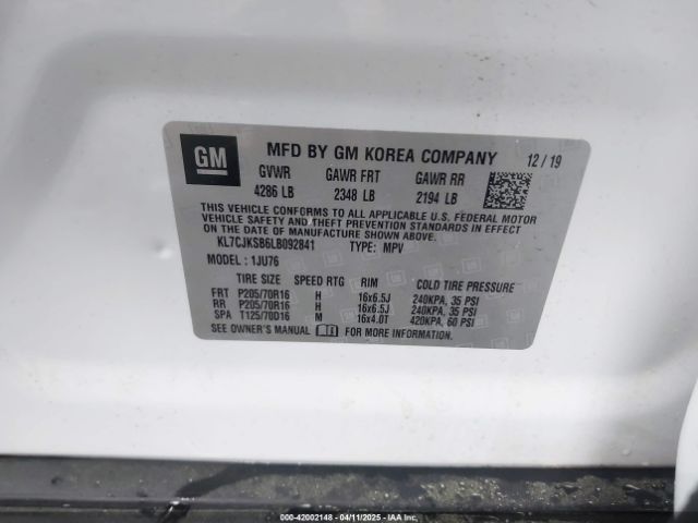 KL7CJKSB6LB092841 Chevrolet Trax Fwd Ls