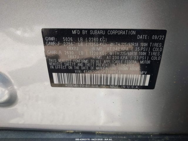 2023 SUBARU OUTBACK 4S4BTGND5P3120658 Photo 8